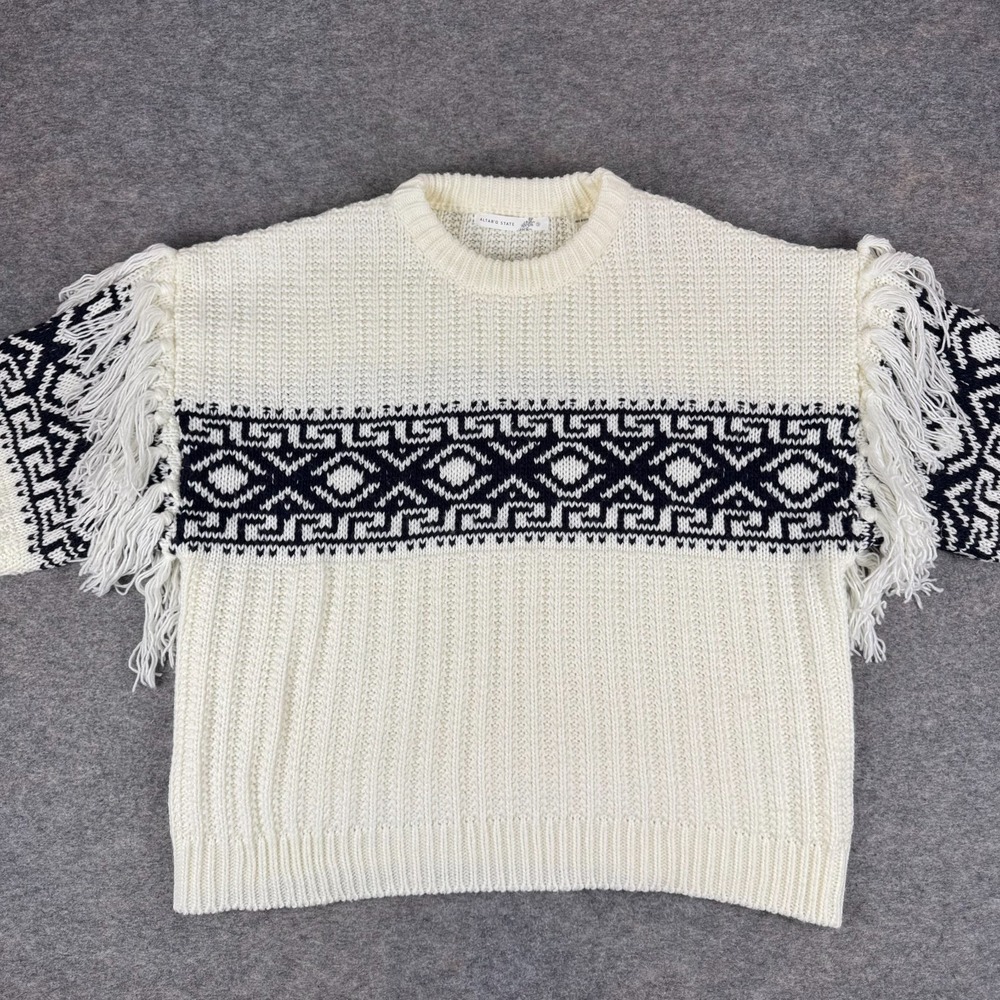 Altar'd State Gwen Fringe Knit Sweater Small Cream Navy Aztec Womens Small S
